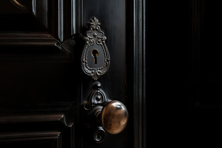 door handle on black door with keyhole and knocker in the middle, created with generative aiの素材