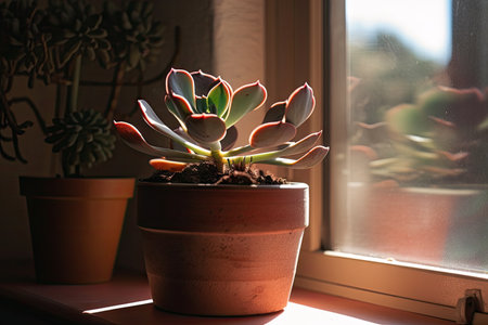 potted succulent next to window with indirect sunlight, created with generative aiの素材