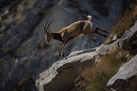ibex jumping off a cliffside into the valley below, its powerful legs propelling it downward, created with generative aiの素材