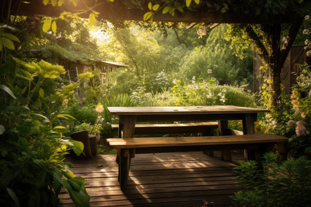wooden table surrounded by lush greenery and warm sunlight, created with generative aiの素材