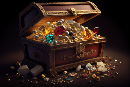 treasure chest overflowing with gold, diamonds and precious gems, created with generative aiの素材