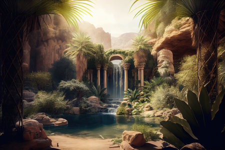 oasis with waterfall, surrounded by lush greenery, created with generative aiの素材