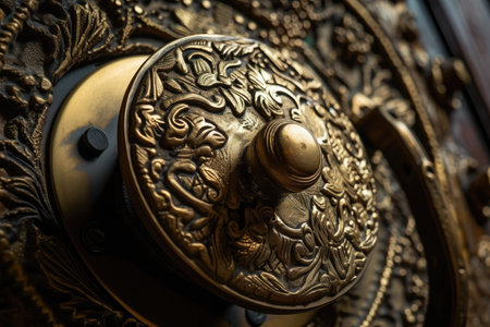 close-up of brass door handle with intricate detailing, created with generative aiの素材