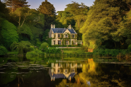 majestic country house surrounded by lush greenery and rippling water, created with generative aiの素材