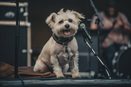 dog sitting on stage with guitar and microphone, ready to rock out in front of crowd, created with generative aiの素材