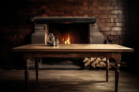 the empty wooden table with a view of a cozy fireplace or an open fire, created with generative aiの素材