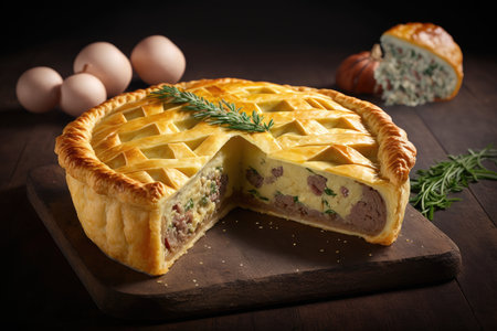 piece of festive appetizer in form of pastries with potato and meat tyrolean pie, created with generative aiの素材