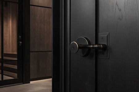 industrial-chic door handle with minimalist design on sleek black door, created with generative aiの素材