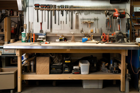 an industrial workbench with tools and supplies in the background, created with generative aiの素材