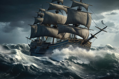 pirate ship sailing through stormy sea, with waves crashing against its sides, created with generative aiの素材