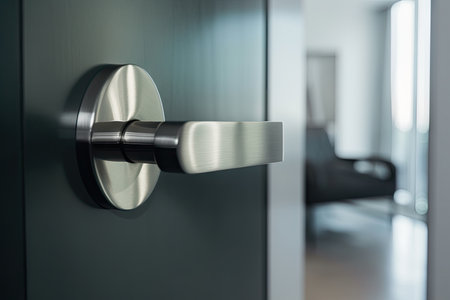 modern door handle, with sleek design and minimalist form, complements the sleek and minimalist interior of the home, created with generative aiの素材