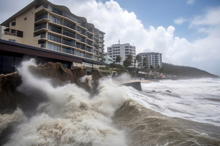 tsunami waves battering beachside hotels and resorts, causing massive damage to property and infrastructure, created with generative aiの素材