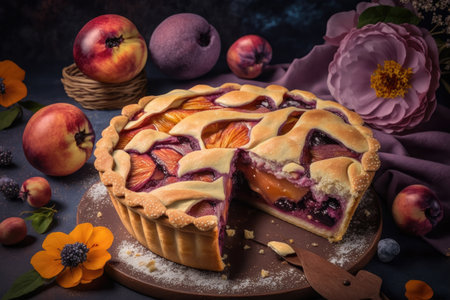 homemade delicious sweet plum pie with apple juicy filling, created with generative aiの素材