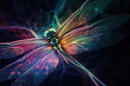 psychedelic dragon fly flutters across the screen, created with generative aiの素材