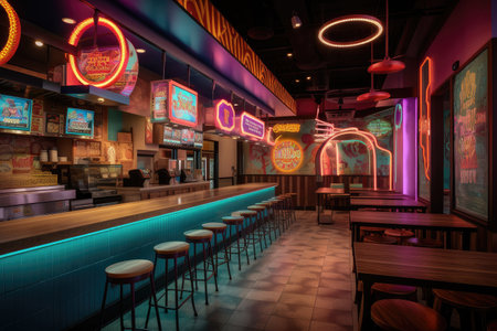fast food restaurant with funky and colorful decor, featuring lanterns and neon signs, created with generative aiの素材