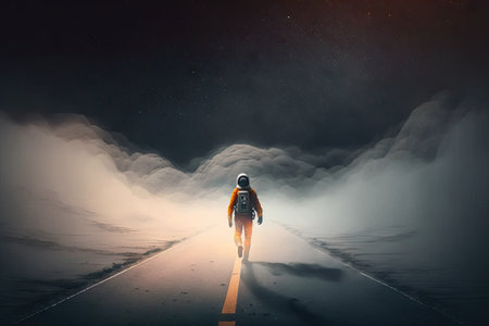 shape of being in space flying and walking on misty road, created with generative aiの素材