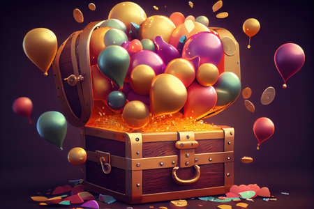 treasure chest filled with gold and silver coins, surrounded by flying balloons, created with generative aiの素材