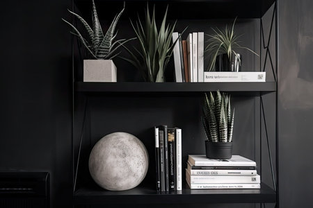 modern house with minimalist decor and concrete flowerpot on sleek wooden table, created with generative aiの素材
