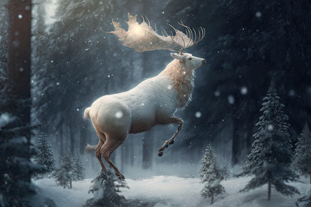 christmas mystical creature walking in air on background of winter forest, created with generative aiの素材