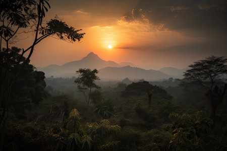 smoky jungle sunset, with the sun setting behind a distant mountain range, created with generative aiの素材