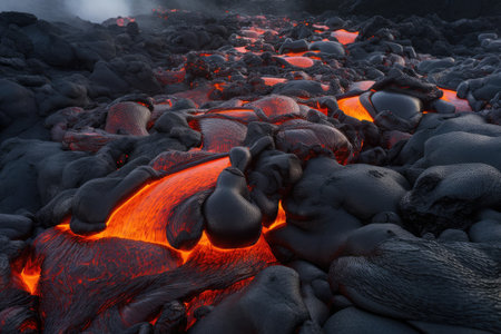 porous lava rock with streams of molten lava running through it, created with generative aiの素材