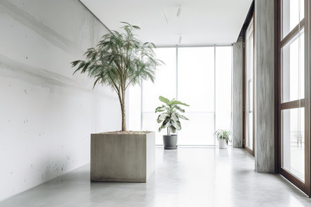 elegant, minimalist home with towering houseplant in clear concrete pot and simple accents, created with generative aiの素材