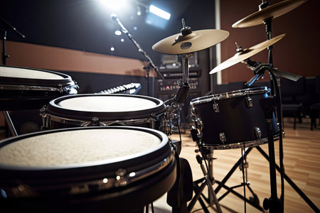 electronic drums with drumsticks and grand piano in the background, created with generative aiの素材
