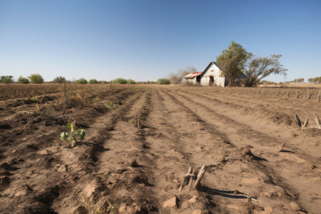 drought-stricken farm, with wilted crops and parched soil, created with generative aiの素材