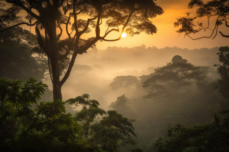 smoky jungle, with view of the sunrise over the treetops, created with generative aiの素材