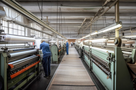 textile factory, with workers operating machines to create high-quality fabrics, created with generative aiの素材