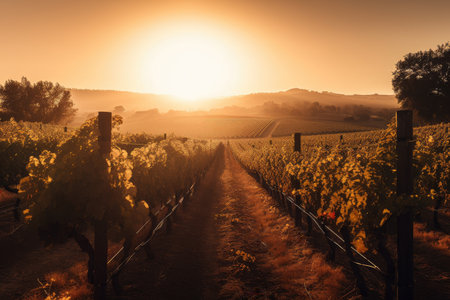 vineyards, with the sun setting behind rows of grapevines and a warm golden glow, created with generative aiの素材