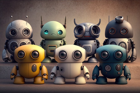 row of cute robots, each with its own unique personality and features, assisting humans in various workplaces, created with generative aiの素材