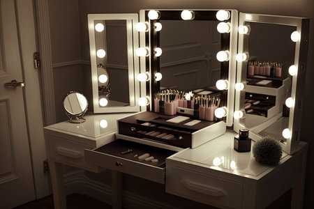 dressing table with double mirrors and lights, perfect for applying makeup, created with generative aiの素材