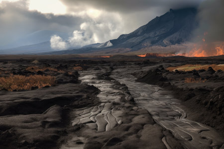 lava flow snaking its way across barren landscape, with mountains and clouds in the background, created with generative aiの素材