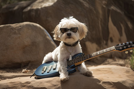 dog with guitar and rock sign, ready for music video shoot, created with generative aiの素材