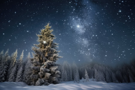 xmas tree and starry night sky in magical winter wonderland, created with generative aiの素材