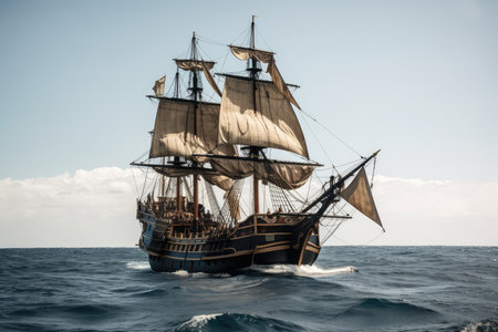 pirate ship, with sails unfurled and gunports ready to fire, on journey across the open sea, created with generative aiの素材