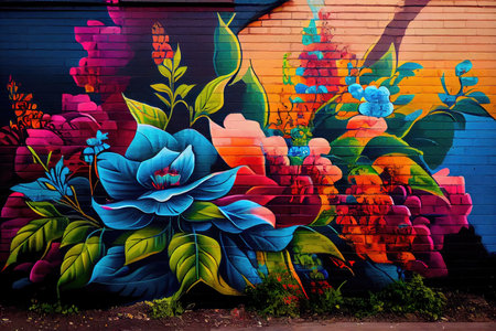 urban graffiti art featuring mural of vibrant flower garden, created with generative aiの素材