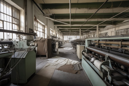 textile factory, with machinery and raw materials in abundance, created with generative aiの素材