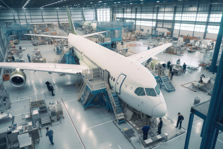 aircraft manufacturing plant, with team of engineers and technicians working on the latest model, created with generative aiの素材