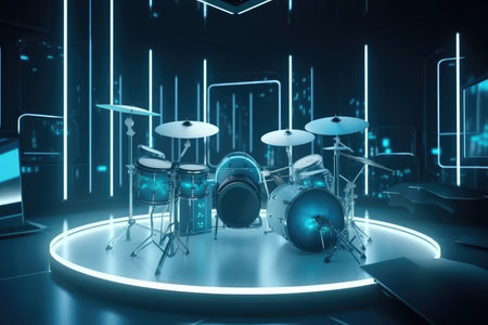 drum kit with electronic drumsticks and cymbals in futuristic setting, created with generative aiの素材