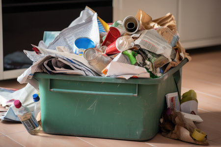 household recycling bin overflowing with recyclables, including newspaper, tin cans and glass bottles, created with generative aiの素材