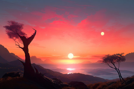 distant exoplanet sunrise, with orange and pink hues illuminating the sky, created with generative aiの素材