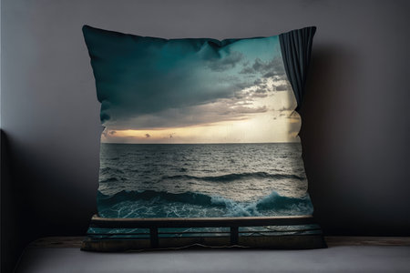pillow, with view of the ocean and sunset in the distance, created with generative aiの素材
