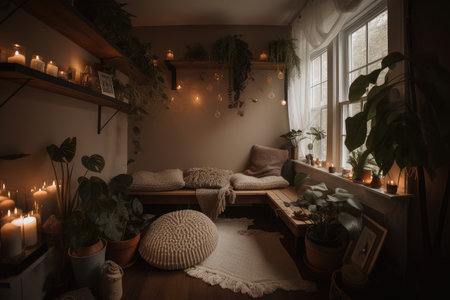 cozy nook with plush pillows and soft blankets surrounded by plants and candles, created with generative aiの素材