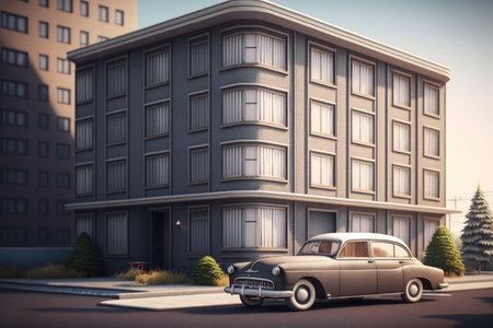 modern apartment building with view of vintage car in the parking lot, created with generative aiの素材