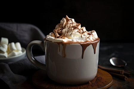 a steamy mug of rich hot chocolate, topped with whipped cream and a sprinkle of cinnamon, created with generative aiの素材