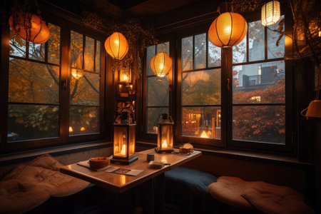 warm and cozy atmosphere, with a view of the window and lanterns, created with generative aiの素材