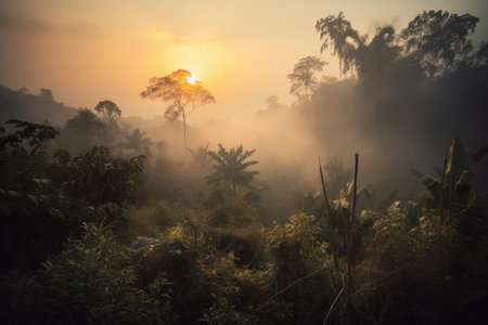 smoky jungle, with view of the sun setting over the horizon, created with generative aiの素材