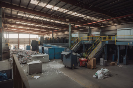 recycling center, with bins and machines for sorting, transporting and processing recyclables, created with generative aiの素材